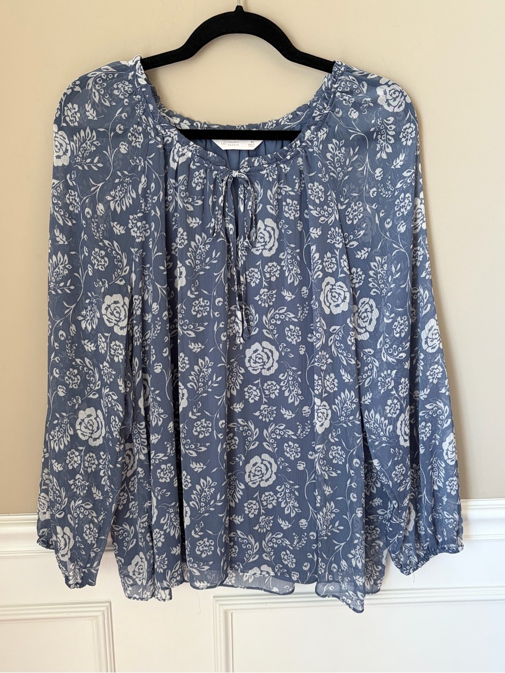 Lauren Conrad Blue Floral Peasant Blouse with Tie Neck, XL, Cottage Romantic